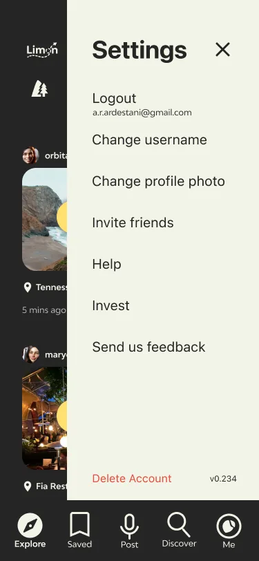 Limon app — Settings menu