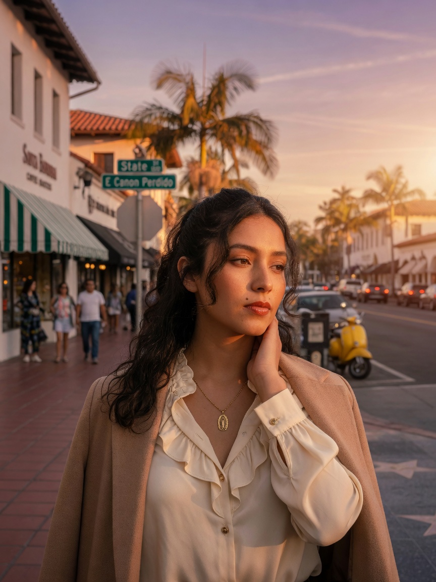 Ultra-realistic 8K portrait of Lili Montes, young Latina woman with thoughtful expression, standing on State Street in Santa Barbara at golden hour, natural lighting, detailed facial features, professional photography style