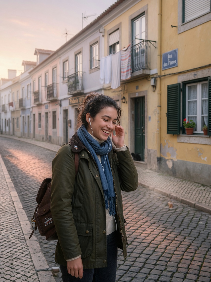Ultra-realistic 8K shot of a young traveler smiling while listening to an audio story on a quiet European cobblestone street, soft morning light, peaceful mood