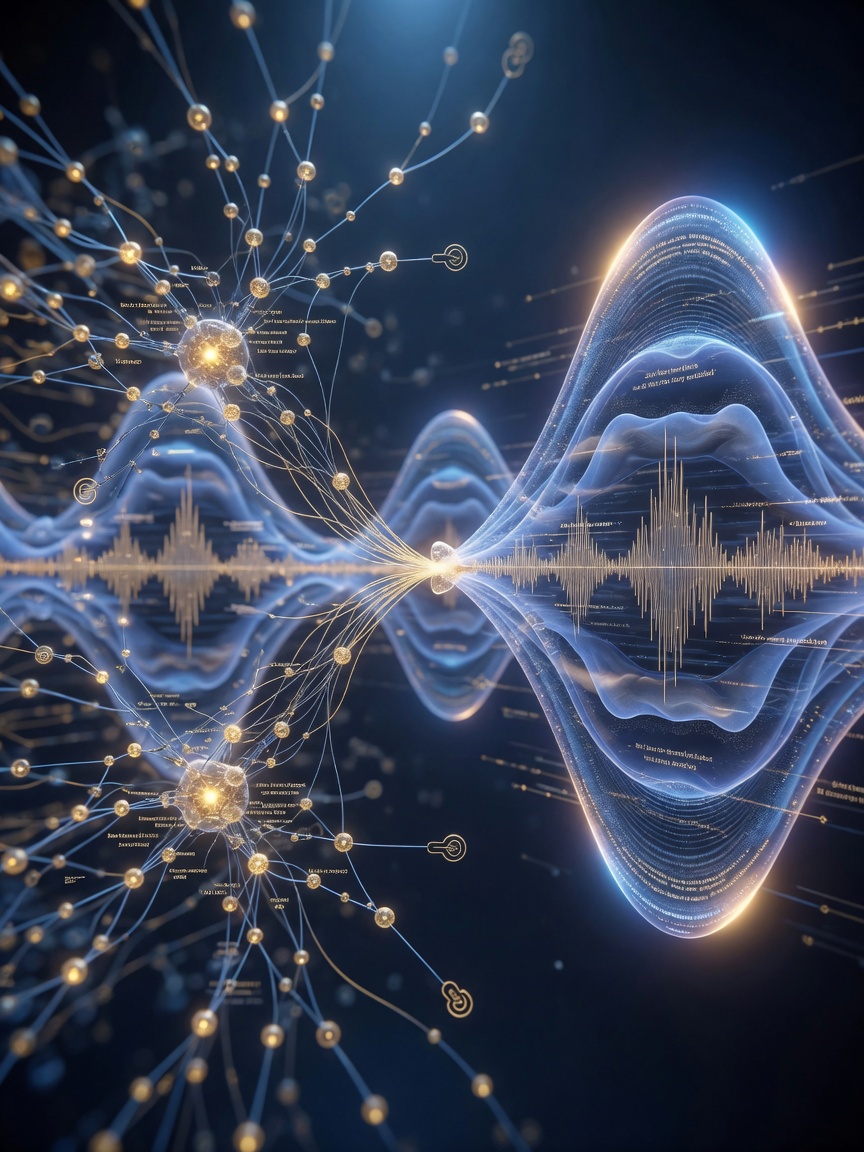 Ultra-realistic 8K conceptual image showing AI neural networks connecting with human voice waveforms, representing technology supporting authentic storytelling, futuristic blue and golden tones