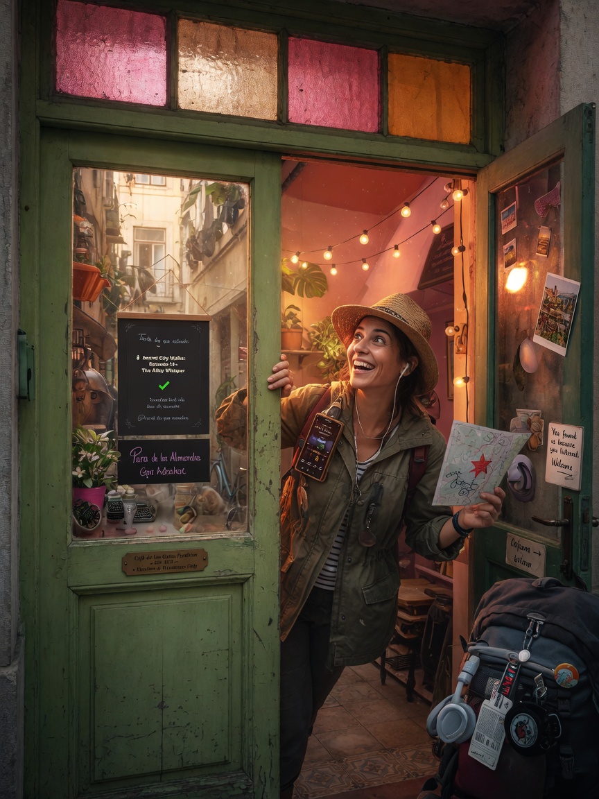 Ultra-realistic 8K image of a traveler discovering a hidden gem cafe after following an audio recommendation, joyful expression, natural lighting, detailed environment