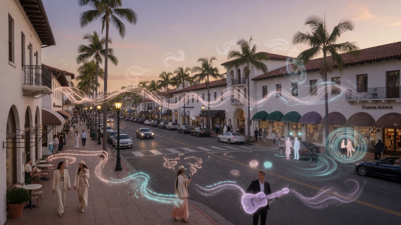 Ultra-realistic 8K wide shot of State Street in Santa Barbara filled with invisible but visualized audio stories as gentle glowing particles and waves, magical yet realistic atmosphere