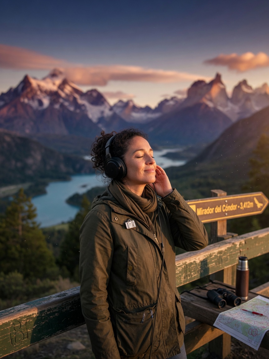 Ultra-realistic 8K image of a person standing at a scenic viewpoint with eyes closed, deeply immersed in an audio travel story, dramatic landscape background