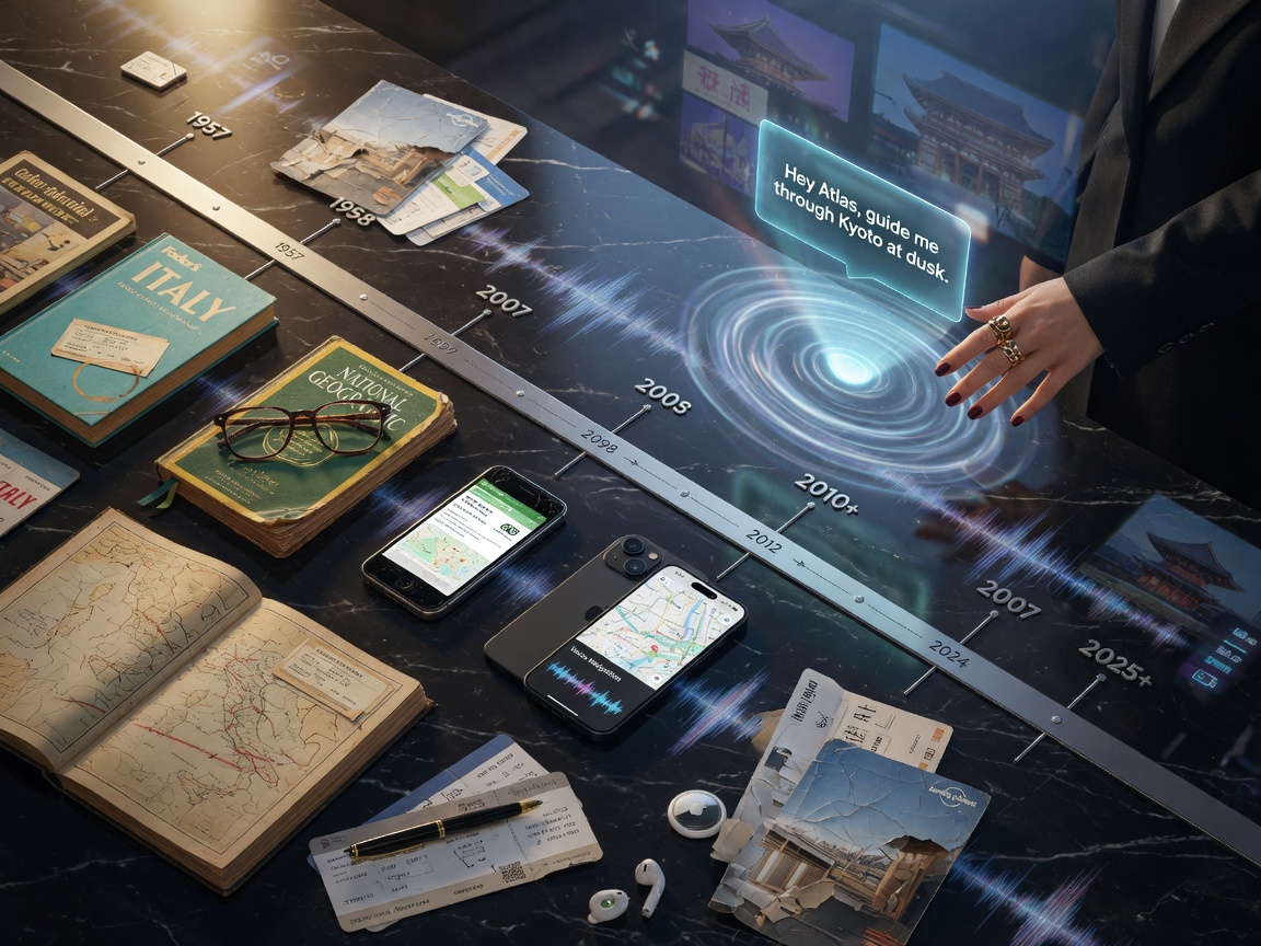Ultra-realistic 8K conceptual piece showing the evolution of travel media from printed guides to smartphones to voice-embedded environments, timeline visualization in modern style