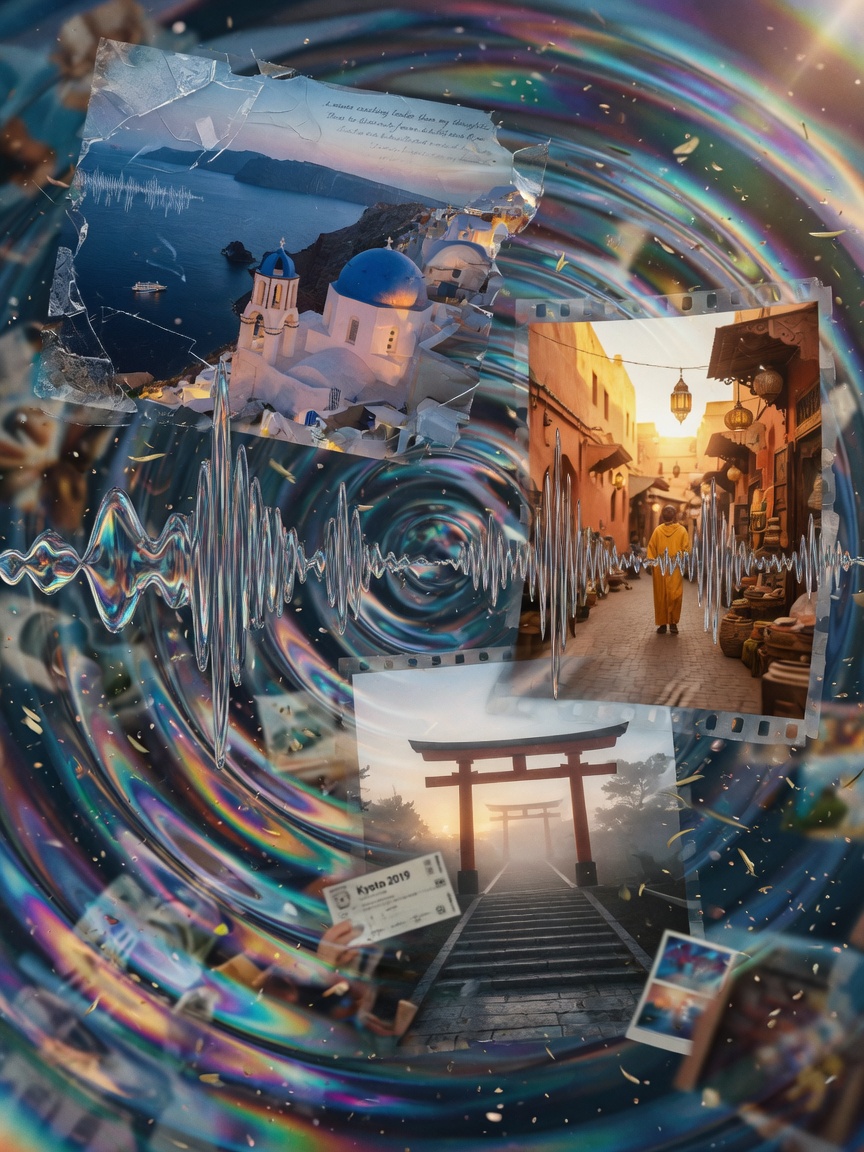 Ultra-realistic 8K close-up of sound waves transforming into visual memories and scenes from travels, abstract yet photorealistic, rich color palette