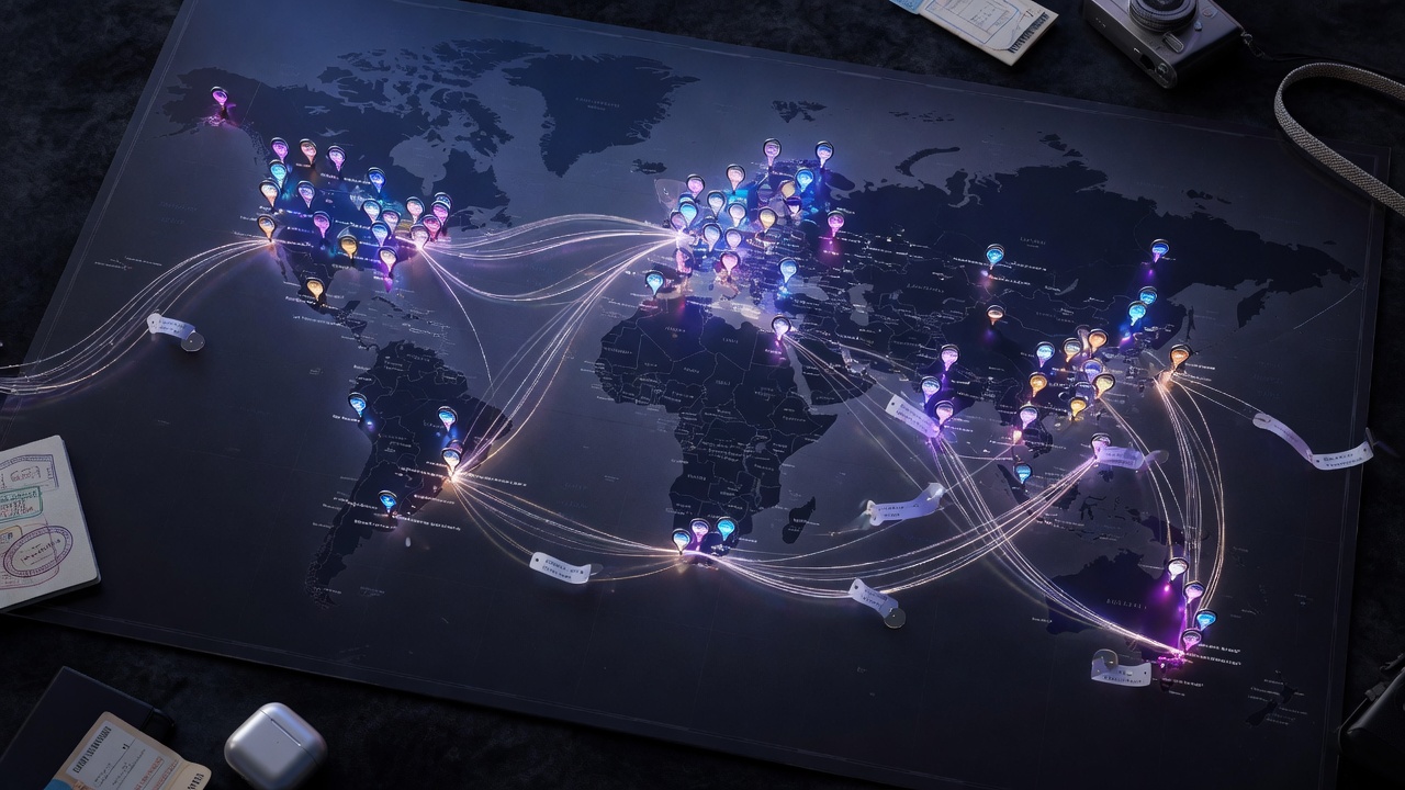 Ultra-realistic 8K image of a global map with thousands of glowing audio pins representing stories from travelers around the world, connected by gentle light streams, night view
