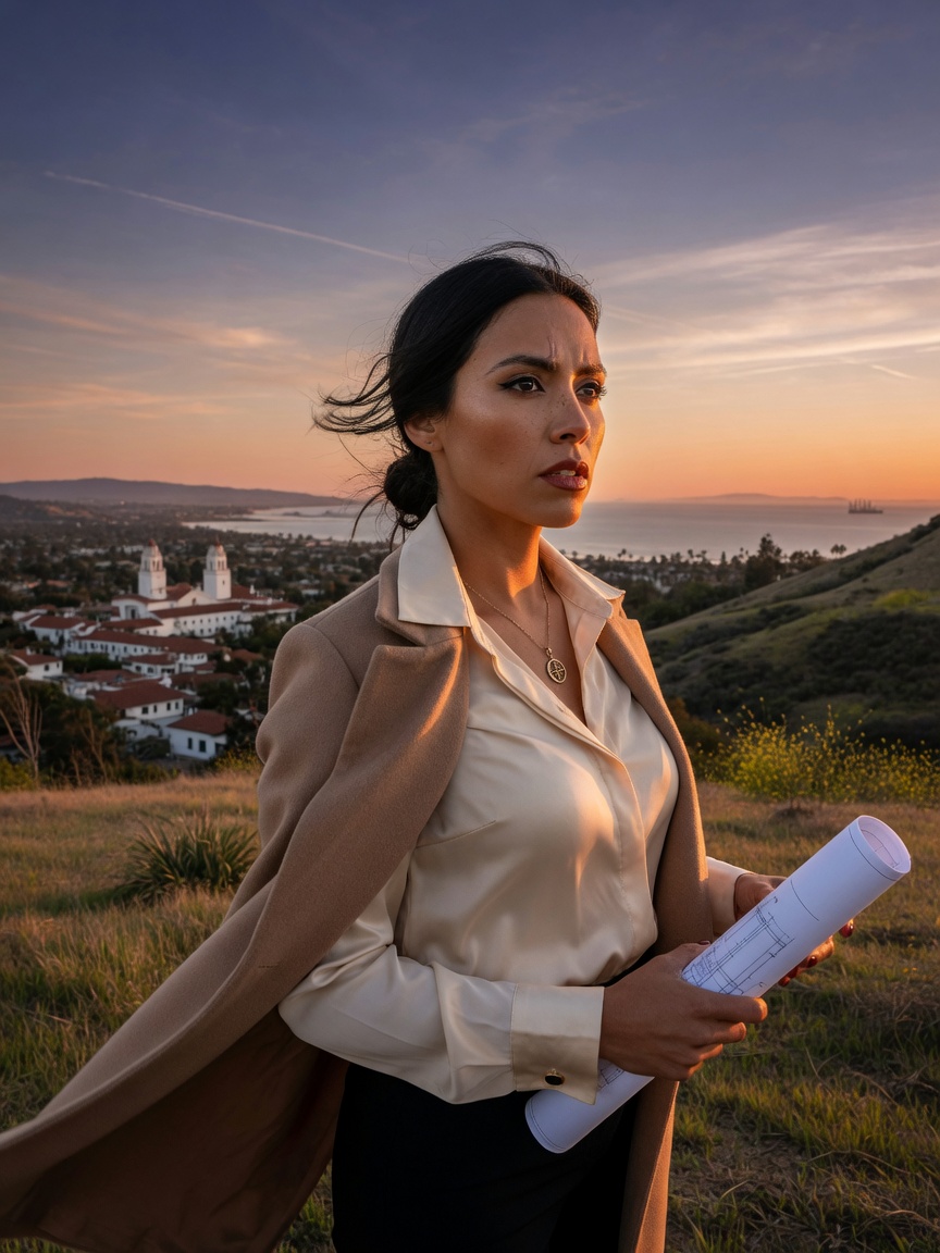 Ultra-realistic 8K portrait of Lili Montes looking toward the future on a hill overlooking Santa Barbara, confident and visionary expression, epic cinematic lighting
