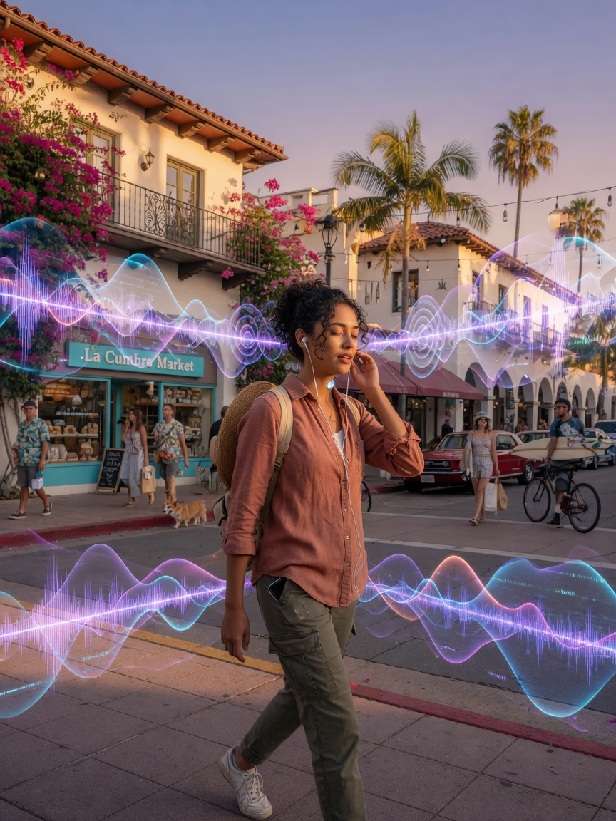 Ultra-realistic 8K image of a traveler with wireless earbuds listening intently while walking down a vibrant Santa Barbara street, layered transparent audio waveforms floating in the air, cinematic lighting