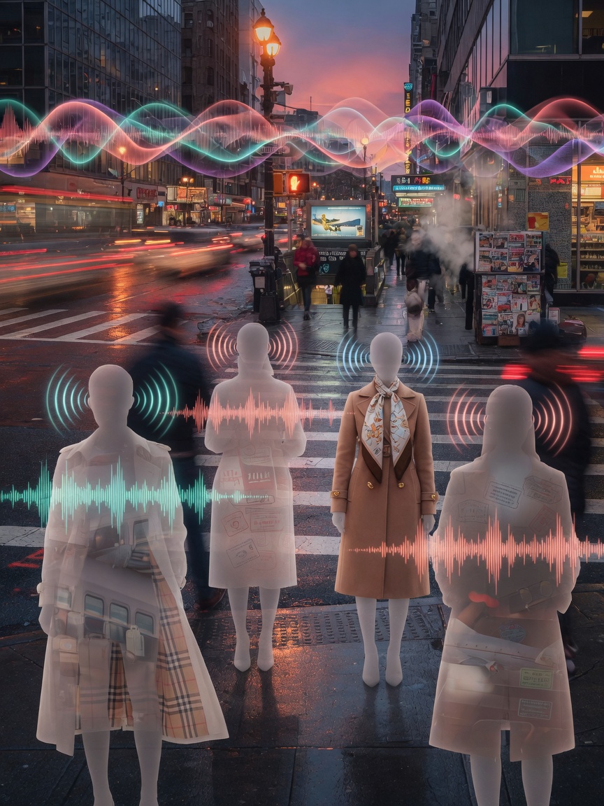 Ultra-realistic 8K conceptual image showing multiple translucent human silhouettes with glowing audio waves emanating from them at a busy city corner, representing layered travel stories, futuristic yet warm atmosphere
