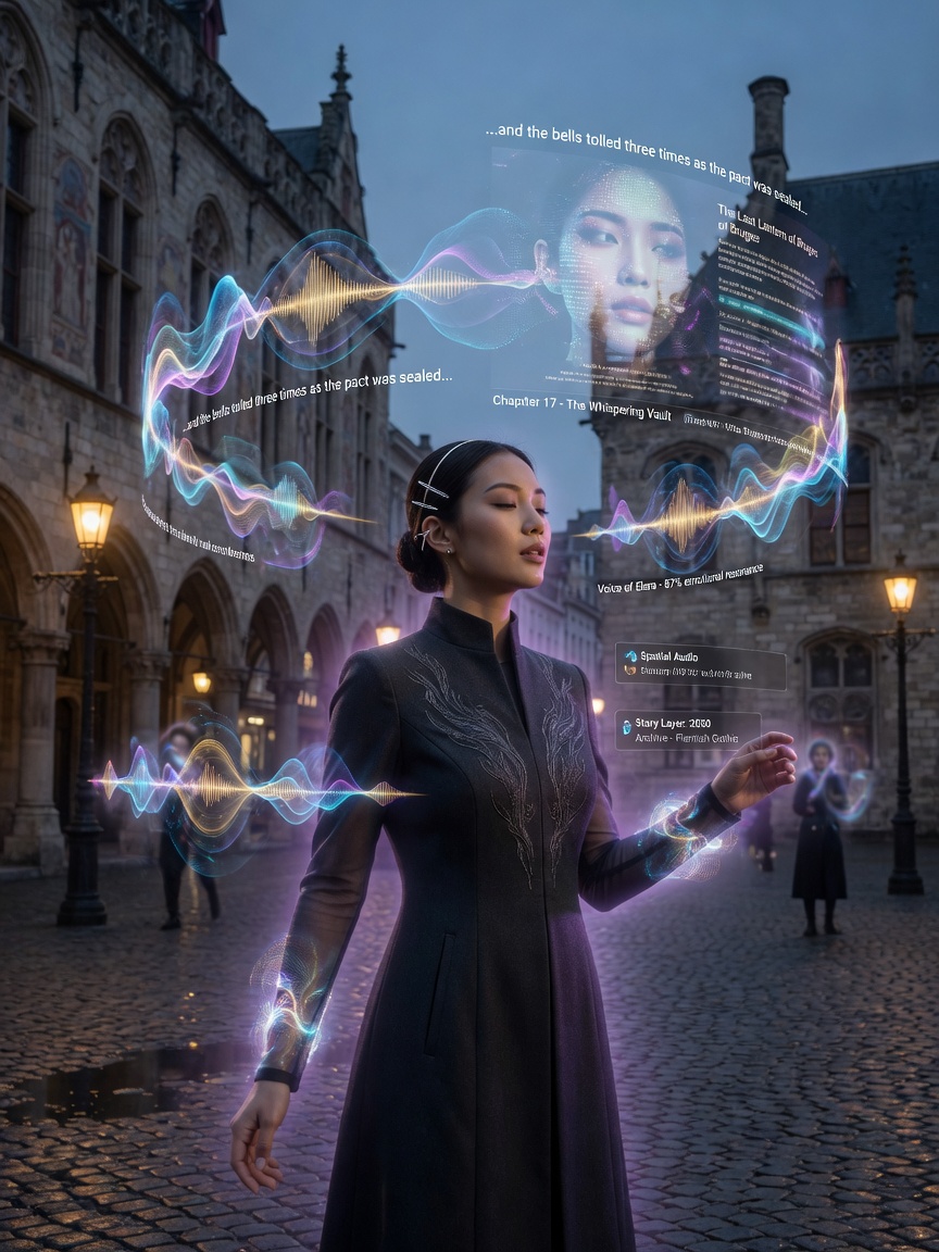 Ultra-realistic 8K futuristic vision of a woman experiencing AR audio stories in 2050, holographic voice visualizations floating around her in an ancient European square, soft ambient lighting