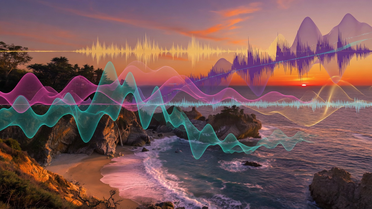 Ultra-realistic 8K image of overlapping semi-transparent audio waveforms in different colors forming a beautiful pattern above a scenic coastal California landscape at sunset