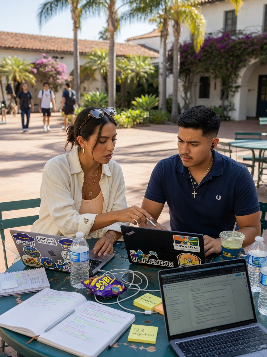 Ultra-realistic 8K portrait of Lili Montes and her brother Ramon working together on laptops in a sunny UC Santa Barbara courtyard, focused and collaborative atmosphere