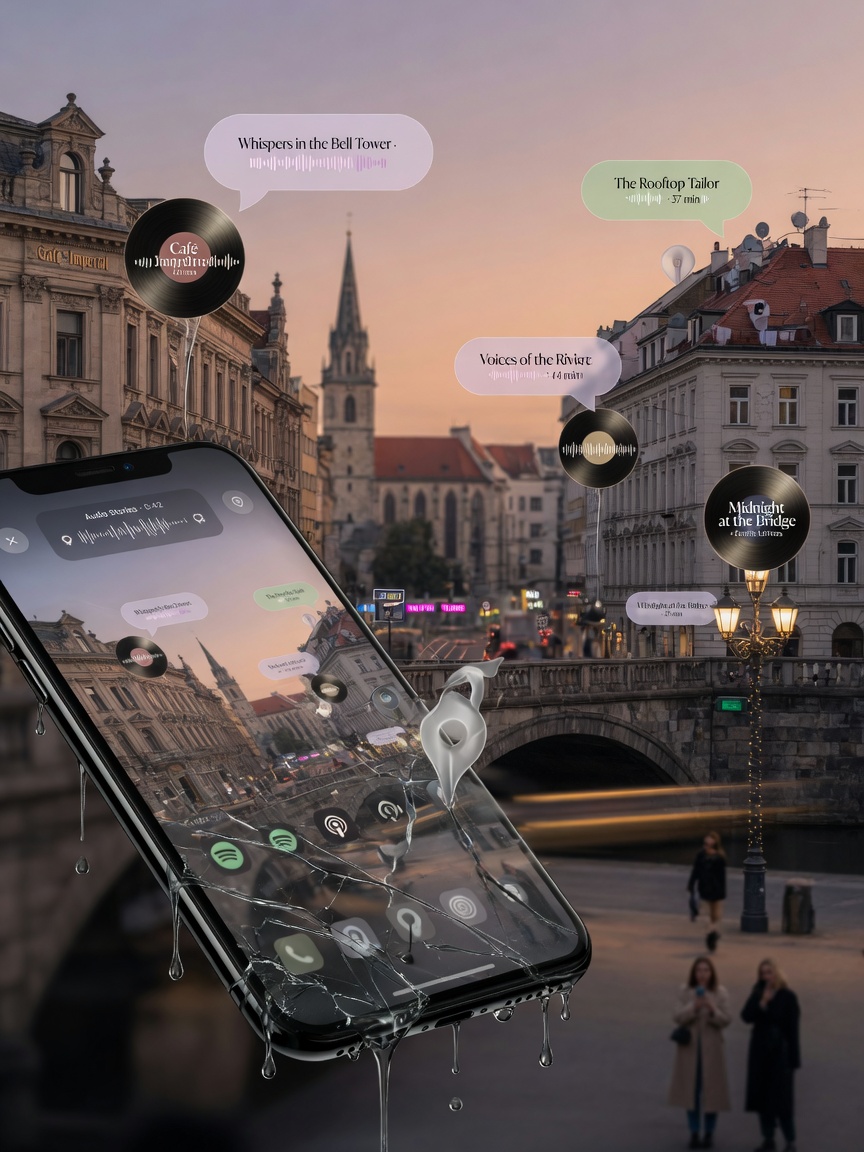 Ultra-realistic 8K conceptual visualization of a smartphone screen dissolving into the physical environment, revealing floating audio stories attached to buildings and landmarks in a city