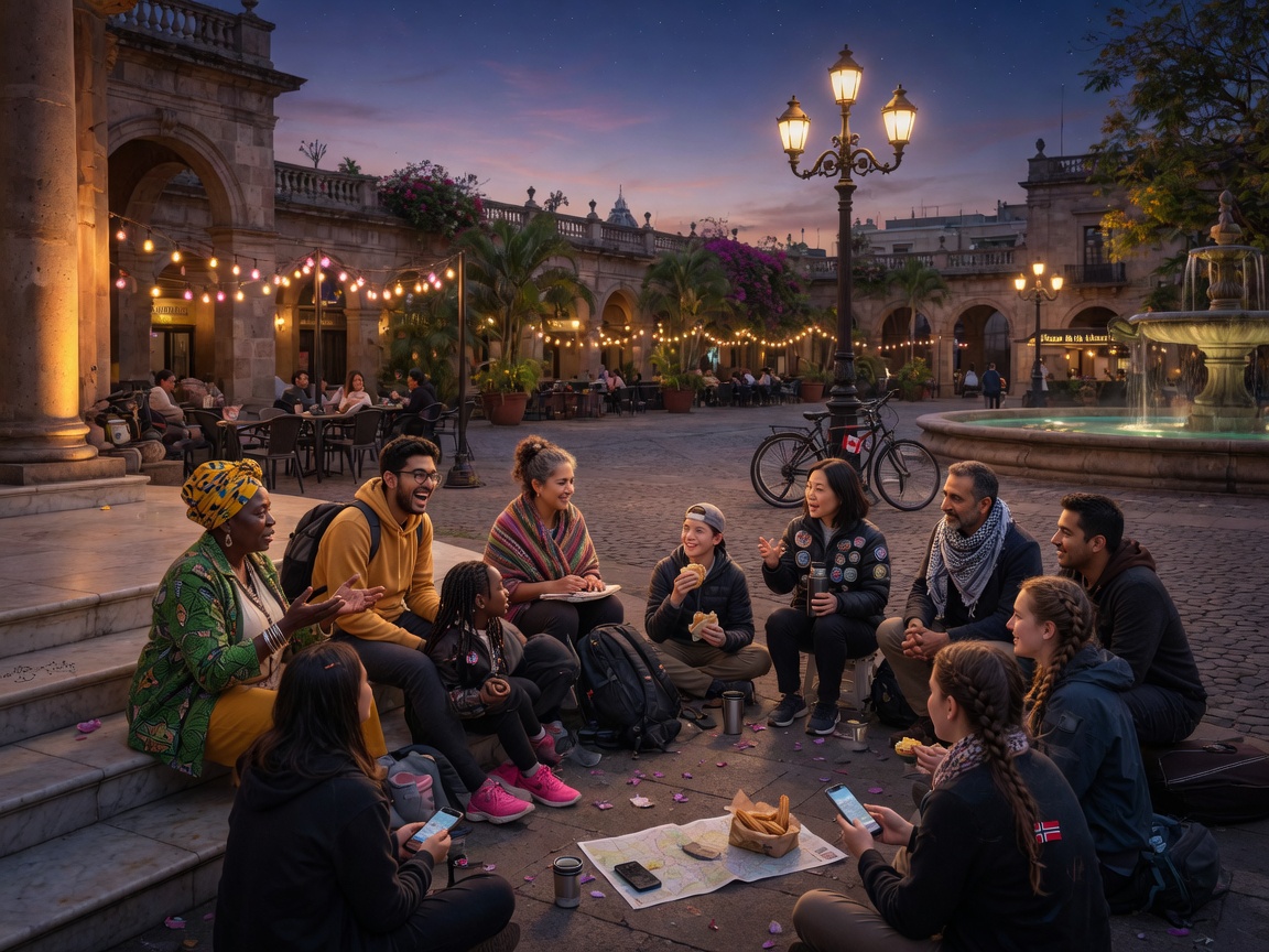 Ultra-realistic 8K image of diverse travelers of different ages and backgrounds gathered in a circle sharing stories in a beautiful public plaza at twilight, warm inviting atmosphere